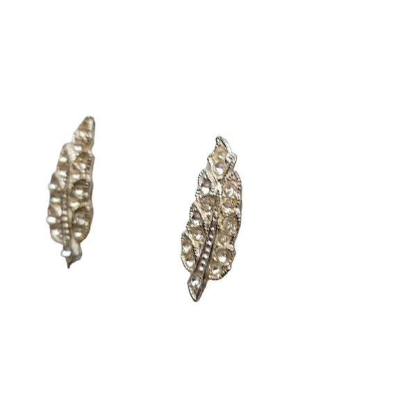 Clear Paste Rhinestone Silver Tone Leaf Screw Back Vintage Earrings - Picture 3 of 5